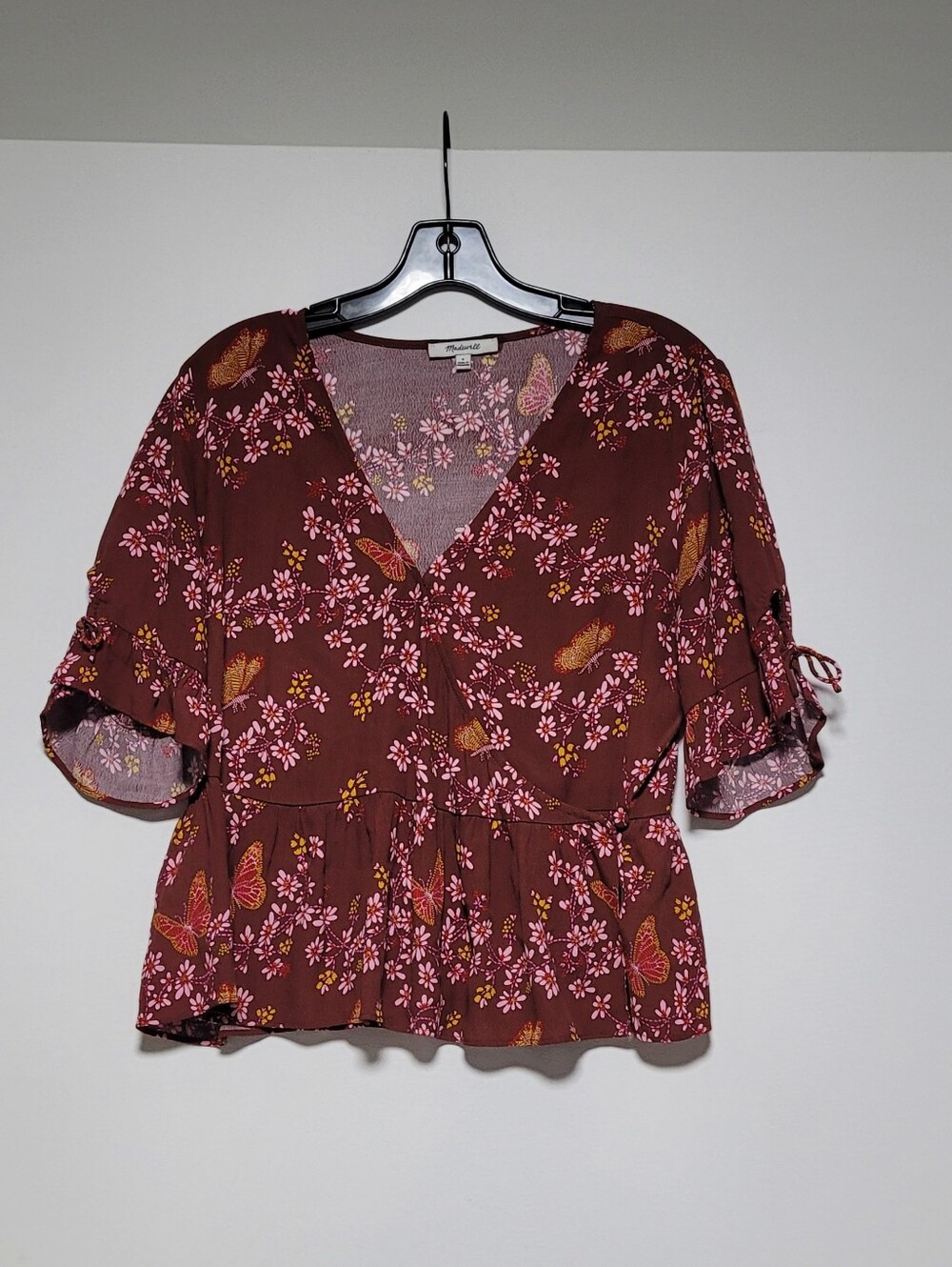 Madewell Flirty, Whimsical, Boho Chic Tie-sleeve Wrap Top In Butterfly Sactuary